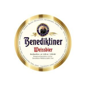 לוגו של בירה גרמנית בנדיקטינר כיתוב בכחול זהב ואדום על רקע צהוב בהיר מאוד עם טבעת זהב עבה מסביב Benediktiner wheat 0.3