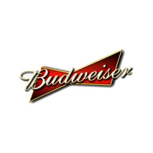 לוגו של בירה בודוויזר הצ'כית כיתוב לבן בז' על רקע פפיון אדום כהות בפינות האלכסוניות Budweiser 0.3
