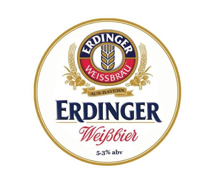 לוגו של בירה גרמנית ארדינגר כיתוב כחול אדום וזהב על רקע לבן וטבעת זהב מסביב Erdinger 0.3