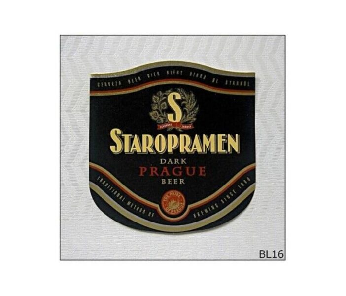 הלוגו של בירה סטרופרמן כהה כיתוב בזהב עם רקע שחור עם פסים עכורים בזהב Staropramen 0.5